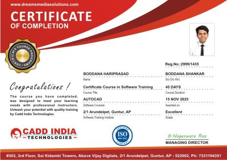 AutoCAD Course Software Training Institute in Guntur SAMPLE CERTIFICATE @ Cadd India Technologies AutoCAD Course Software Training Institute in Guntur SAMPLE CERTIFICATE @ Cadd India Technologies