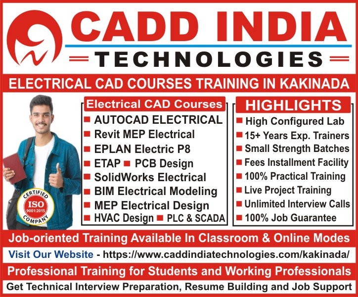 Electrical CAD Courses Software Training Institute in Kakinada for AutoCAD Electrical, Matlab, Revit MEP Electrical, EPLAN Electric P8, ETAP, SolidWorks Electrical, PCB Design, Electrical Panel Design, BIM Electrical Modeling, HVAC Electrical Design, Solar Electrical Design, PLC & SCADA Courses at CADD INDIA TECHNOLOGIES Electrical CAD Courses Software Training Institute in Kakinada for AutoCAD Electrical, Matlab, Revit MEP Electrical, EPLAN Electric P8, ETAP, SolidWorks Electrical, PCB Design, Electrical Panel Design, BIM Electrical Modeling, HVAC Electrical Design, Solar Electrical Design, PLC & SCADA Courses at CADD INDIA TECHNOLOGIES
