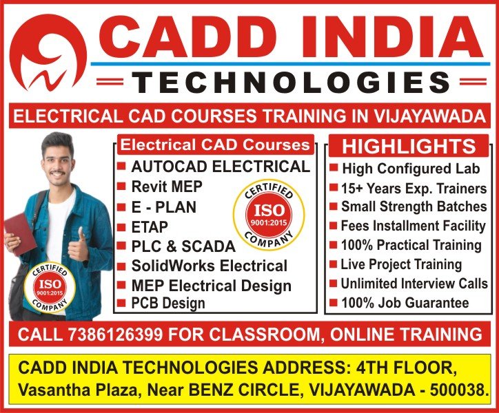 Electrical Cad Courses Training Institute in Vijayawada | AutoCAD Electrical, EPLAN, Revit MEP, ETAP, SolidWorks Electrical, MEP Electrical Design, PCB Design Courses, PLC, and SCADA @ CADD INDIA TECHNOLOGIES