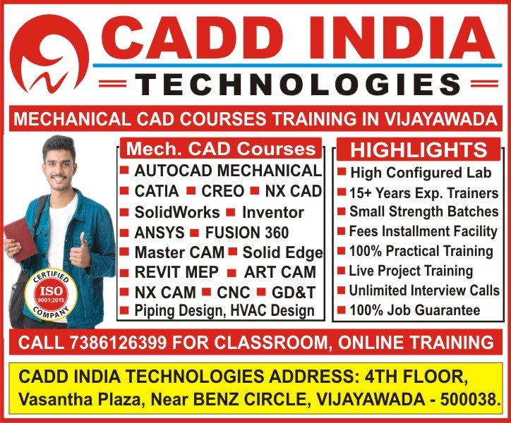 Mechanical CAD Courses Software Training in Vijayawada | AutoCAD Mechanical, SolidWorks, CATIA, Creo, NX CAD, Ansys, Fusion 360, Inventor - CADD INDIA TECHNOLOGIES Mechanical CAD Courses Software Training in Vijayawada | AutoCAD Mechanical, SolidWorks, CATIA, Creo, NX CAD, Ansys, Fusion 360, Inventor - CADD INDIA TECHNOLOGIES