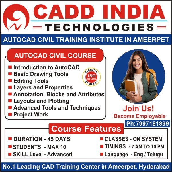 AutoCAD Civil Training in Ameerpet, AutoCAD Civil Course in Ameerpet, AutoCAD Civil Institutes in Ameerpet, Best AutoCAD Civil institutes in Hyderabad – CADD India Technologies AutoCAD Civil Training in Ameerpet, AutoCAD Civil Course in Ameerpet, AutoCAD Civil Institutes in Ameerpet, Best AutoCAD Civil institutes in Hyderabad – CADD India Technologies